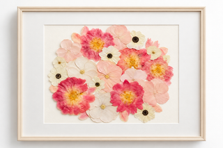 Custom pressed wedding bouquet featuring peonies, roses, and panda anemones in shades of blush, coral, pink, and ivory, arranged in a 20x28 natural birch wood frame by Forgiven Flower.