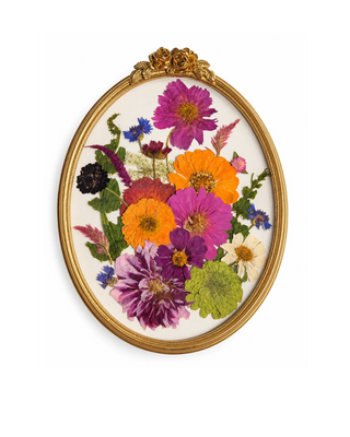Custom pressed wedding flowers arranged in an ornate gold 8x10 vintage oval frame by Forgiven Flower.