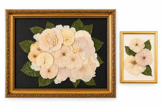 Custom pressed wedding bouquet preservation in 11x14 vintage gold frame and an accent pressed boutonniere frame. 