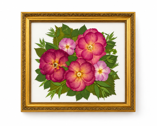 Custom pressed wedding bouquet featuring magenta, pink, and lavender flowers with green foliage in an ornate vintage gold frame by Forgiven Flower.