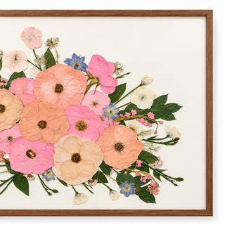 A real preserved wedding bouquet, pressed and designed as a lasting work of art in this walnut, 20x28 frame. Custom wedding bouquet preservation in Knoxville Tennessee.