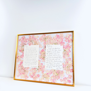 Custom pressed wedding flower arrangement displayed in a vow preservation frame, combining meaningful wedding details with botanical artwork.