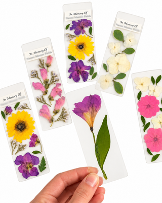 Pressed flower bookmark made with preserved flowers, a sentimental keepsake for funeral flowers